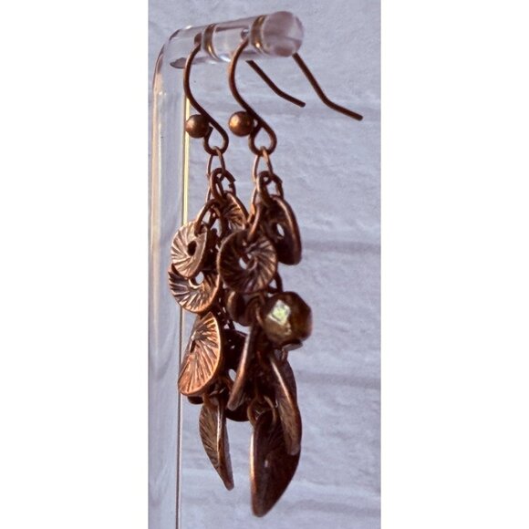 Vintage 1990s Chico’s Copper Medallion Cluster Dangle Earrings Amber Beads NOS - Picture 6 of 9